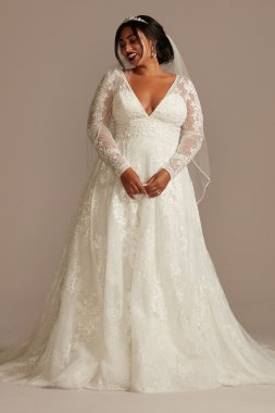 Lace Long Sleeve Open Back Plus Size Wedding Dress Oleg Cassini 8CWG893