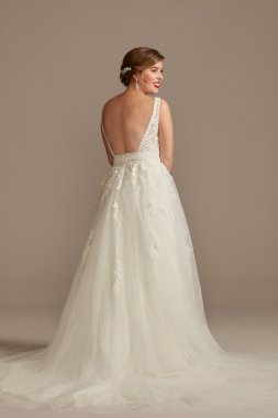 Embroidered V-Neck Wedding Dress with Tulle Skirt Oleg Cassini CWG888