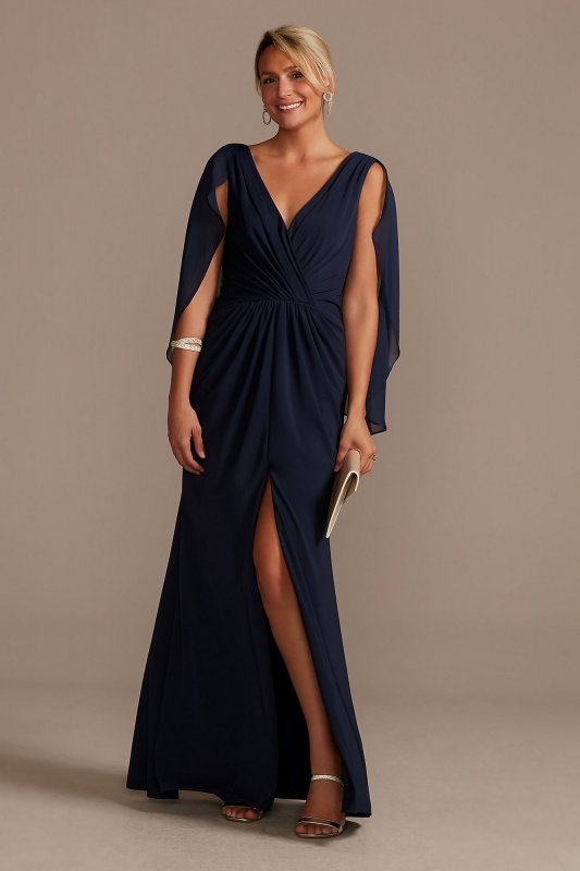 Chiffon Capelet V-Neck Pleated Dress with Slit Oleg Cassini D40NY012