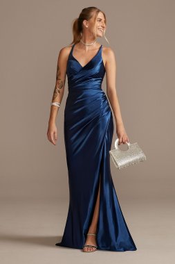 Ruched V-Neck Stretch Satin Sheath Gown with Slit David's Bridal WBM2299