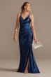 Ruched V-Neck Stretch Satin Sheath Gown with Slit David's Bridal WBM2299