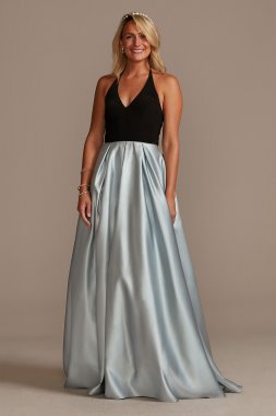 V-Neck Halter Satin Ball Gown with Pockets David's Bridal WBM2405V1