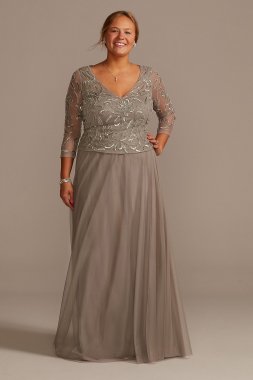 Plus Size A-Line Mesh Dress with Beaded Top David's Bridal WGIN18806W