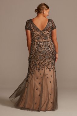 Bead and Sequin Embellished Scoopneck Mesh Gown Pisarro Nights D1406