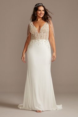 Sheer Plunge Beaded Corset Plus Size Wedding Dress Galina Signature 9SWG865