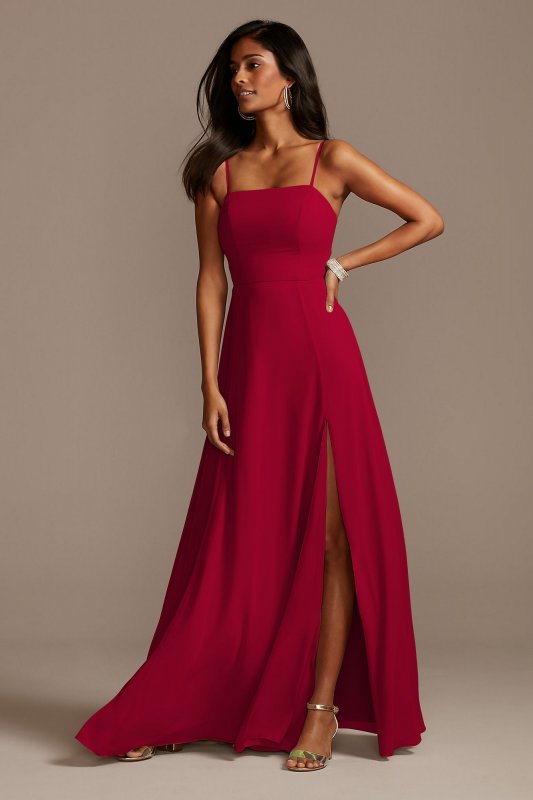 Spaghetti Strap Chiffon Bridesmaid Dress with Slit David's Bridal F20342