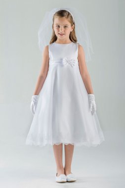 Sleeveless Satin A-Line Communion Dress with Bow C5-357