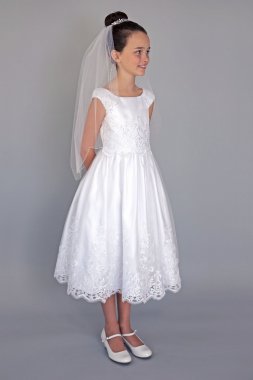 Embroidered Cap Sleeve Tea-Length Communion Dress C5-363