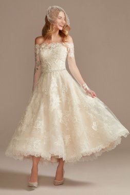 Off Shoulder Applique Tea-Length Wedding Dress Oleg Cassini CWG902