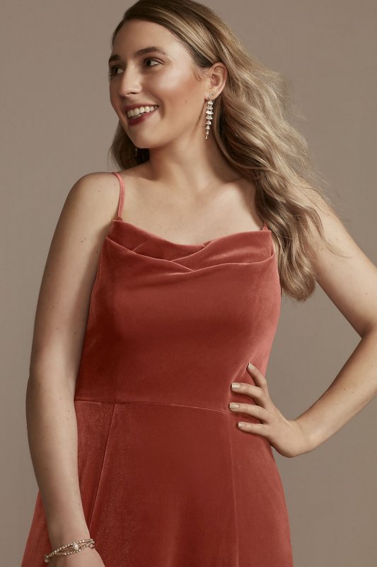 Velvet Cowl Neck Spaghetti Strap Bridesmaid Dress F20439