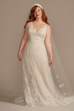 V-Neck Scalloped Lace Tall Plus Wedding Dress Melissa Sweet 4XL8MS251250