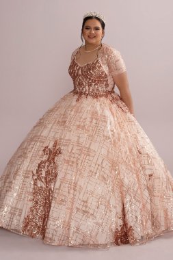 Patterned Sequin Plus Quince Ball Gown with Bolero Fifteen Roses 8FR2113