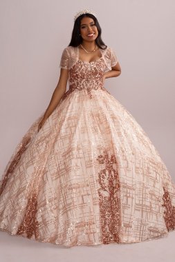 Patterned Sequin Quince Ball Gown with Bolero Fifteen Roses FR2113