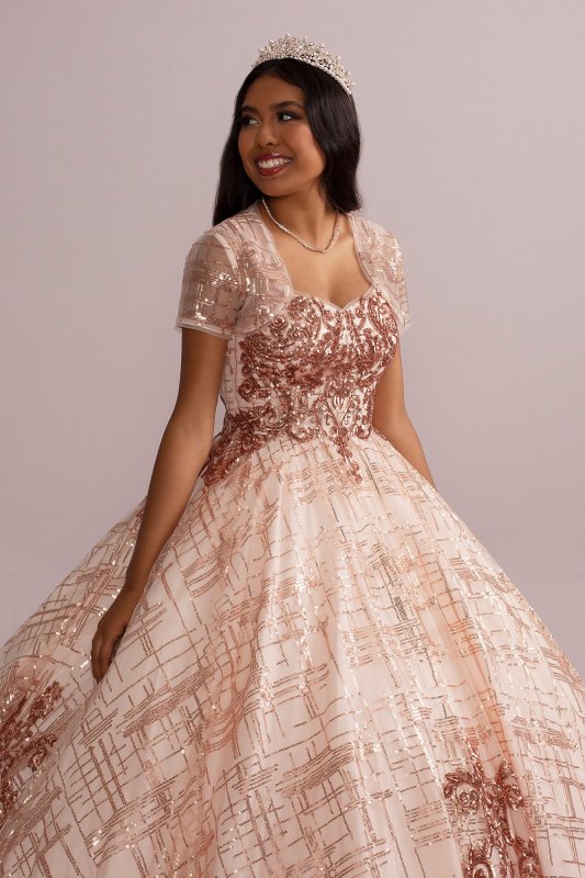 Patterned Sequin Quince Ball Gown with Bolero Fifteen Roses FR2113