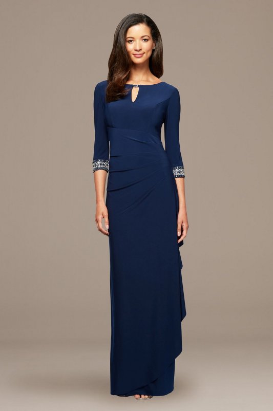 Petite A-Line Cascade Dress with Beaded Sleeves Alex Evenings 2351416