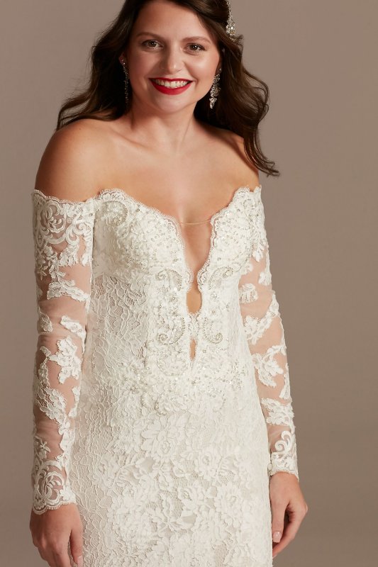 Long Sleeve Plunging Petite Lace Wedding Dress Galina Signature 7SLSWG855