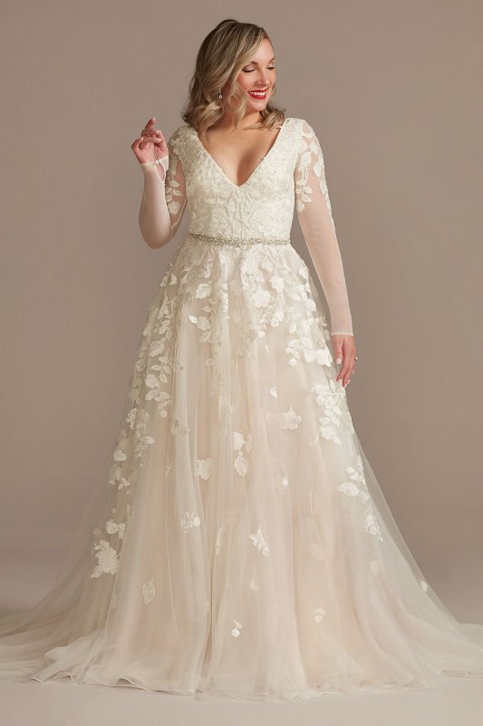 Illusion Long Sleeve Applique Plunge Wedding Dress Galina Signature LBSWG820