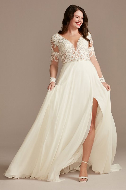 Lace Applique Long Sleeve Chiffon Wedding Dress Galina Signature SLSWG842