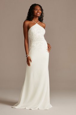 Beaded Stretch Crepe Halter Sheath Wedding Dress David's Bridal Collection AP2E209212