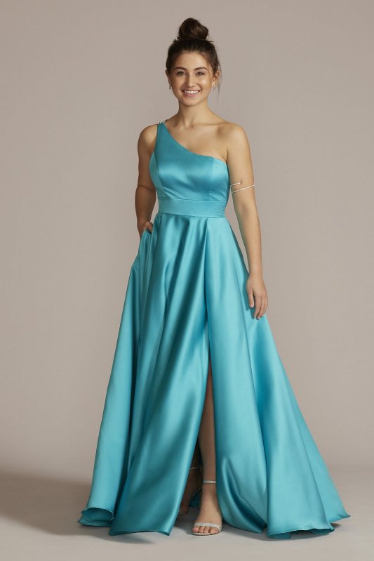 One-Shoulder Satin A-Line with Skirt Slit Jules and Cleo D24NY22016