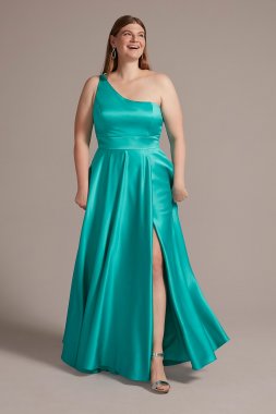 Plus Size One-Shoulder Satin A-Line with Slit Jules and Cleo D24NY22016W