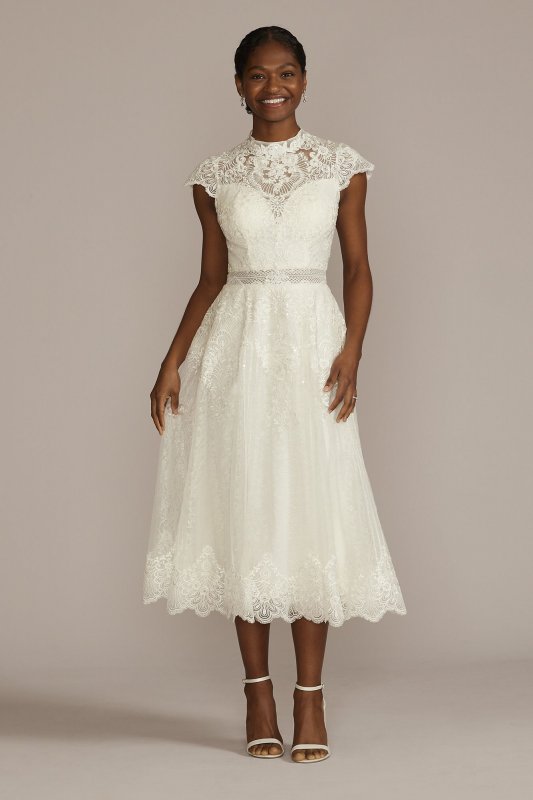 Embroidered Mock Neck Tea-Length Wedding Dress Melissa Sweet MIDMS251205