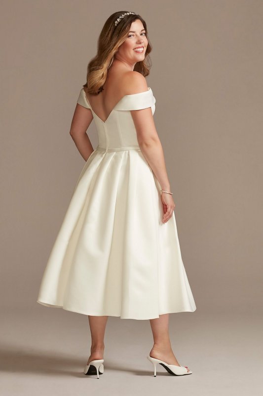 Off the Shoulder Satin Tea-Length Wedding Dress DB Studio MIDWG3979