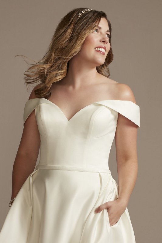 Off the Shoulder Satin Tea-Length Wedding Dress DB Studio MIDWG3979