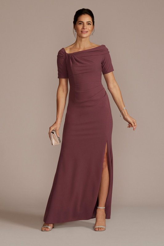 Long Crepe Off the Shoulder Sheath with Skirt Slit Oleg Cassini WBM2739