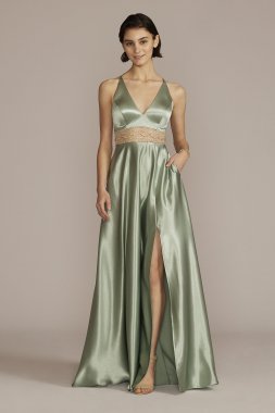 Satin Prom Gown with Embellished Illusion Waist Jules and Cleo WBM2776