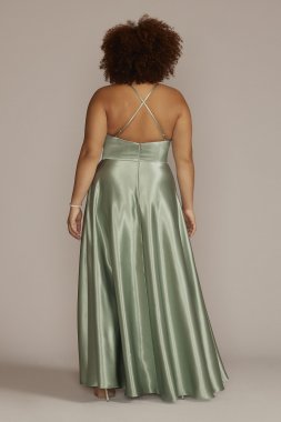 Plus Satin Gown with Embellished Illusion Waist Jules and Cleo WBM2776W