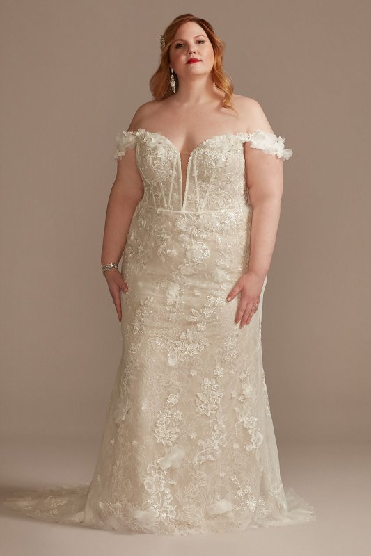 3D Floral Applique Plunge Plus Size Wedding Dress Galina Signature 9LSSWG885