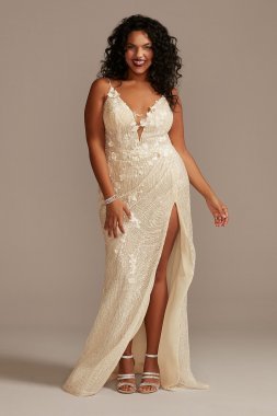 Beaded Plunge Plus Size Wedding Dress with Slit Galina Signature 9MBSWG887