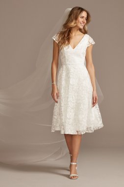 V-Neck Embroidered Lace Cap Sleeve A-Line Dress DB Studio SDWG0804