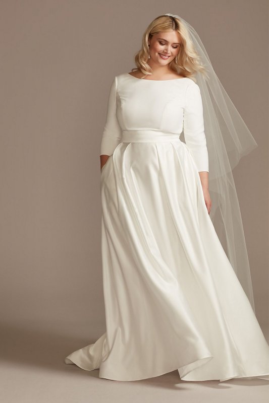 Low Back Mid-Sleeve Satin Plus Size Wedding Dress David's Bridal 9WG4005DB