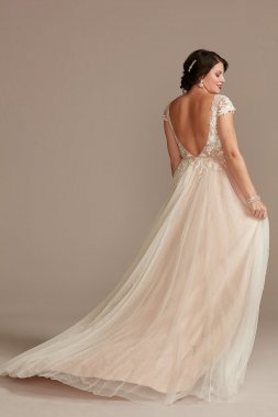 Cap Sleeve Pearl Tulle Wedding Dress with Low Back Oleg Cassini CWG889