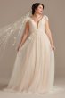 Cap Sleeve Pearl Tulle Wedding Dress with Low Back Oleg Cassini CWG889