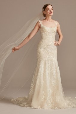 Lace Wedding Dress with Cutout Cathedral Train Oleg Cassini CWG895