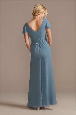 Pleated Flutter Sleeve Chiffon Dress with Crystals Oleg Cassini D40NY009