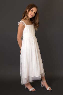 3D Flower Flutter Sleeve Girls Dress with Pearls US Angels JB-762