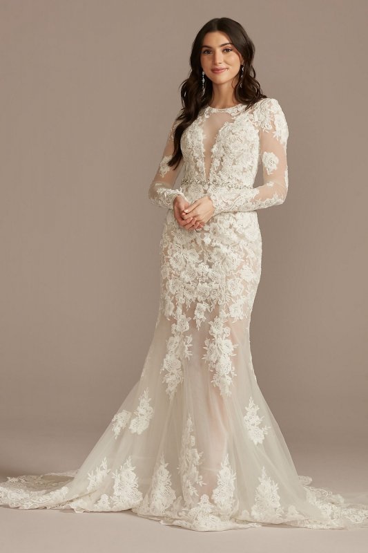 Long Sleeve Sequin Floral Bodysuit Wedding Dress Galina Signature SLMBSWG843