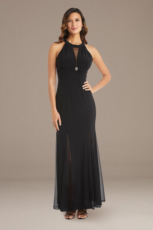 Mesh Overlay Halter Gown with Open Back RM Richards 22023