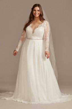 Long Sleeve Plunge Lace Plus Size Wedding Dress DB Studio 9WG4035