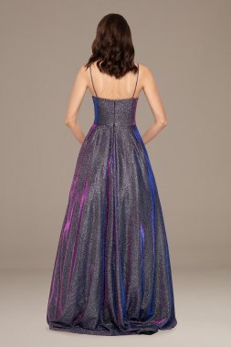 Iridescent Glitter Ball Gown with Spaghetti Straps Betsy and Adam A22793