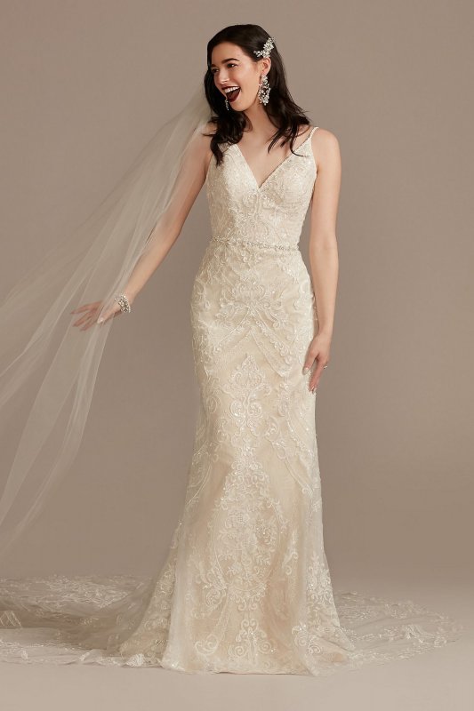 Strappy Beaded Applique Tulle Sheath Wedding Dress Oleg Cassini CWG904