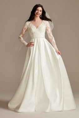 Long Sleeve Satin Wedding Dress with Appliques Oleg Cassini CWG908