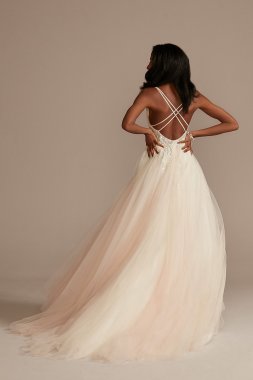 Beaded Applique Plunge Wedding Dress with Slit Galina Signature SWG914