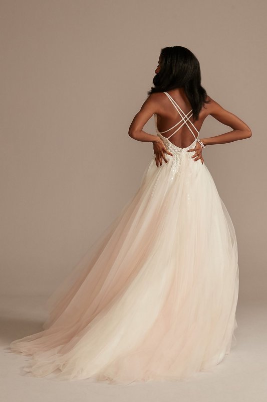 Beaded Applique Plunge Wedding Dress with Slit Galina Signature SWG914