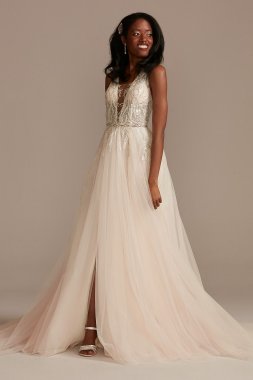 Beaded Applique Plunge Wedding Dress with Slit Galina Signature SWG914