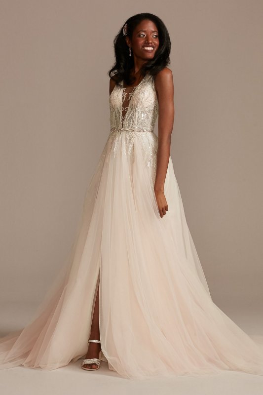 Beaded Applique Plunge Wedding Dress with Slit Galina Signature SWG914